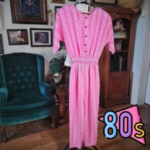 Loretta's Rose Bud‎ Jumpsuit Vintage 80s Pink Abstract Button Up Wide Leg Size 4